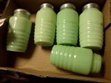 FOUR JADEITE SHAKERS UNMARKED ONE MISSING LID