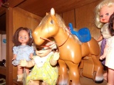 COLLECTION OF EIGHT DOLLS VARIOUS SIZES AND STYLES WITH TOY HORSE