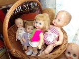 BASKET WITH SIX DOLLS AND TWO PHOTO ALBUMS