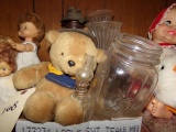 BOX LOT WITH OIL LAMP FINGER LAMP TEDDY BEAR AND MORE