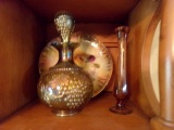 TWO SHELVES WITH GRAPE PATTERN CARNIVAL GLASS DECANTER CANDLE STICK HOLDERS