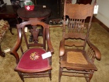 NEEDLE POINT CHAIR WITH CARVED ARMS AND BACK AND ROCKING CHAIR WITH BROKEN