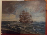 OIL ON BOARD SEASCAPE WITH THREE MASTED SCHOONER C.E.NEIPIING MD 1931