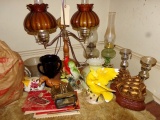 CORNER LOT TO INCLUDE STUDENTS LAMP BIRD FIGURINES BOOK ENDS OIL LAMPS AND