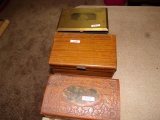 THREE BOXES INCLUDING ONE WITH CARVED TOP ONE WITH THREE MASTED SAILING SHI