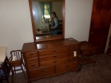 MAPLE SIX DRAWER BUREAU WITH MIRROR AND NIGHT STAND NOT MATCHING