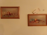 TWO HANGING CANDLE HOLDERS AND TWO FRAMED STILL LIFE PICTURES