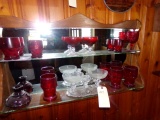 MIRRORED BACK SHELF UNIT WITH RUBY AND CLEAR GLASS