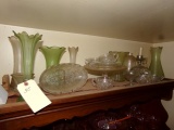 CONTENTS ON TOP OF STEP BACK HUTCH INCLUDING COLLECTION OF GREEN GLASS VASE