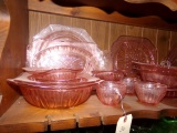 COLLECTION OF PINK DEPRESSION GLASS INCLUDING COFFEE CUPS CANDLE HOLDERS SE