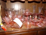 COLLECTION OF MOSTLY PINK GLASS INCLUDING PEDESTAL BOWLS COVERED BUTTER CAN