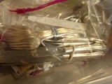 PLASTIC TOTE FULL OF SILVERPLATE FLATWARE AND SALT AND PEPPERS