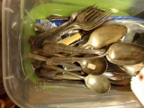 PLASTIC TOTE FULL OF MISC SILVERPLATE FLATWARE