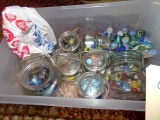 TOTE FULL OF SMALL MASON JARS WITH MARBLES