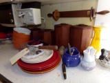 COUNTERTOP LOT TO INCLUDE ROYAL NORFOLK WOODEN CANISTERS UTENSILS BREAD BOX