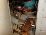 CONTENTS OF THREE KITCHEN CABINETS FULL OF POTS PANS SERVING PLATTERS MEASU