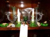 2ND SHELF CONTENTS TO INCLUDE CANDELABRAS AND CANDLE HOLDERS HAND PAINTED C