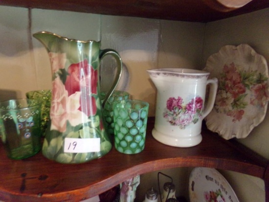 FOUR GREEN TUMBLERS AND TWO HAND PAINTED PITCHERS AND MORE