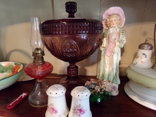 PURPLE COVERED PEDESTAL BOWL FINGER LAMP AND FIGURINE