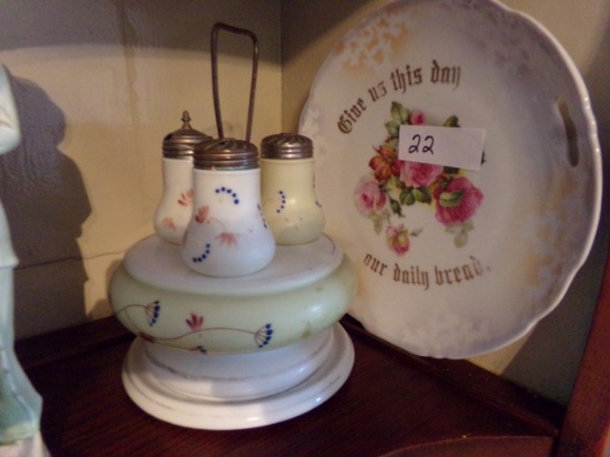 THREE PIECE CONDIMENT SET AND HAND PAINTED DISH GIVE US OUR DAILY BREAD MAD