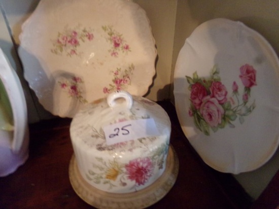 PAIR OF HAND PAINTED DISHES AND COVERED DISH BONE CHINA