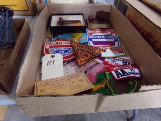 BOX LOT CONTAINING LARGE LOT CLUB SHOOTING PATCHES INCLUDING WINCHESTER AA