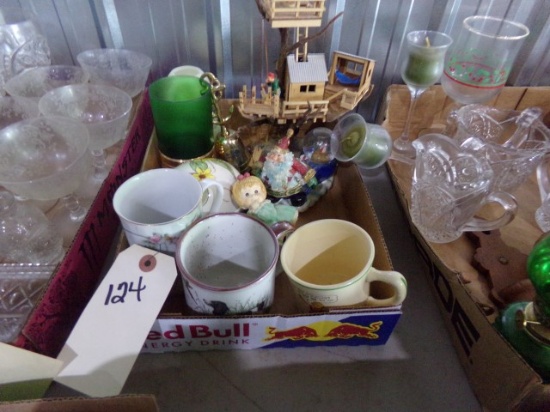 BOX LOT WITH COFFEE CUPS SNOW GLOBES FIGURINES AND MORE