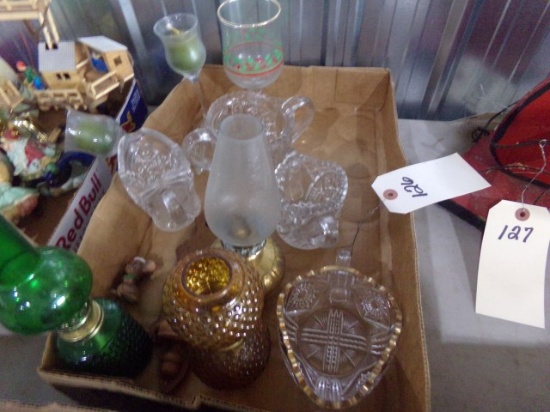 BOX LOT OF PRESSED GLASS AND MORE