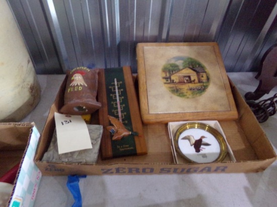 BOX LOT INCLUDING COASTERS THERMOMETERS PIGGY BANK AND MORE