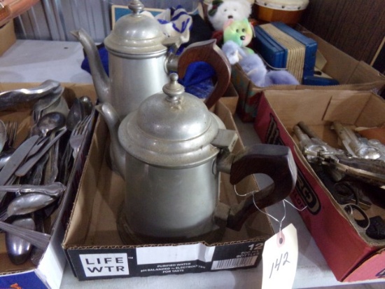 BOX LOT PEWTER COFFEE AND TEA POTS