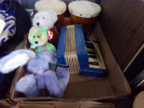 BOX LOT TOYS TO INCLUDE BONGOS BEANIE BABIES EMENEE ACCORDION AND MORE