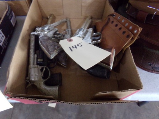 BOX LOT CAP GUNS INCLUDING TOP HAND IRON 6 SHOOTER AND MORE