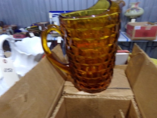 NEW IN BOX AMBER GLASS PITCHER AND TUMBLERS