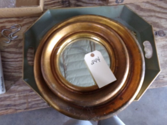 TWO GILT FRAMED ROUND MIRRORS AND SERVING TRAY