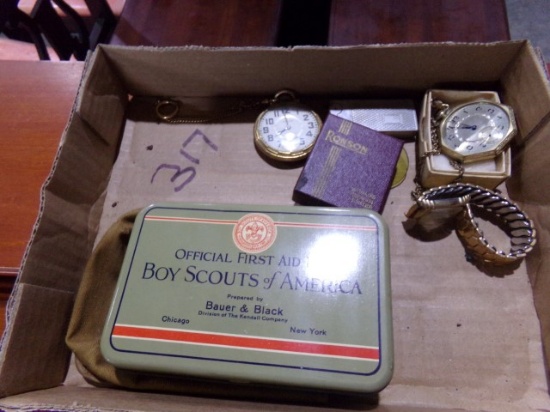 BOX LOT INCLUDING TWO GOLD PLATED POCKET WATCHES CIGARETTE LIGHTERS AND EAR