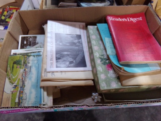 BOX LOT WITH OLD POST CARDS MOSTLY UNUSED OLD AIR MAIL EARLY ROAD MAPS BOX