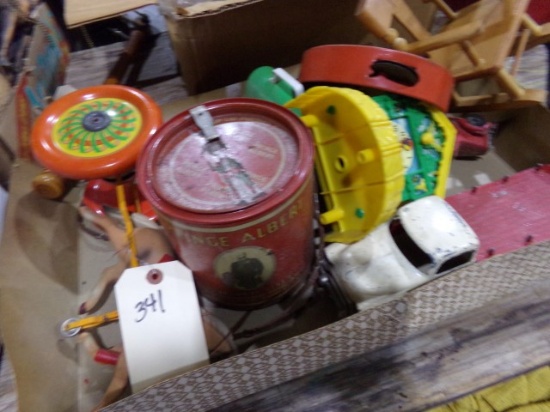 BOX LOT OF OLD TOYS INCLUDING TOOTSIE #2 DUMP TRUCK MOUSEKETEERS TAMBOURINE