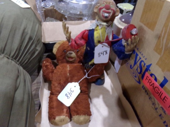 ANTIQUE TEDDY BEAR AND DANCING CLOWN