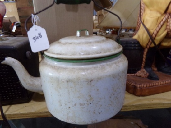 AGATE KETTLE AND BOX OF MILK BOTTLES AND ONE GALLON GLASS JUG