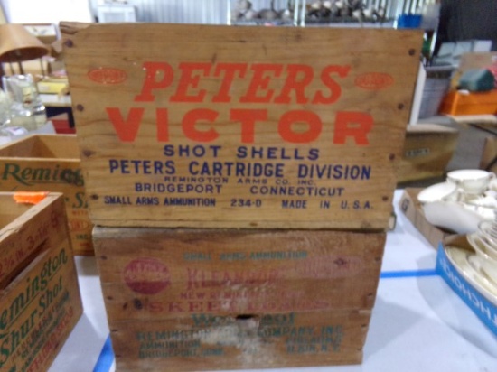 TWO WOODEN SHOT GUN SHELL CRATES INCLUDING PETERS VICTOR AND KLEANBOR SKEET