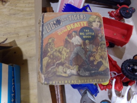 BOX LOT OF SMALL TOOLS AND SMALL BOOK LIONS AND TIGERS CLYDE BEATTY AND CAP