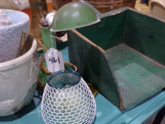 MCCOY PLANTER AND GREEN GLASS TABLE LAMP AND PRIMITIVE SCOOP AND MORE