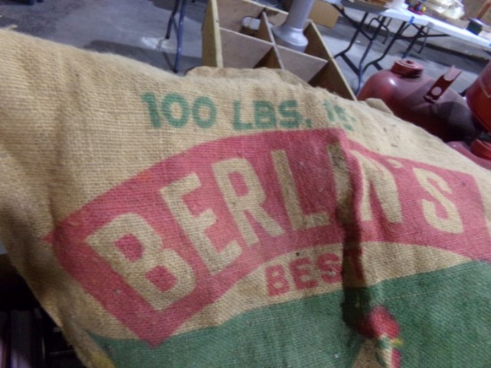 COLLECTION OF EARLY BURLAP FEED BAGS LOCAL BERLINS BEST FEED HI STAKE FEED