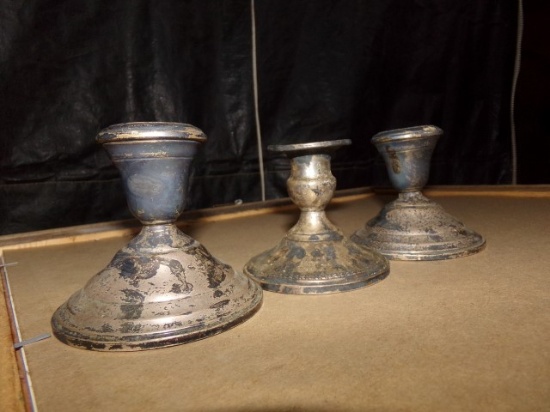 3 WEIGHTED STERLING CANDLE HOLDERS TOTAL W 27.59 T OZ