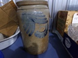 2 GALLON SALT GLAZE CROCK WITH BLUE FERN DESIGN WITH CHIPS ON RIM