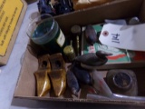 BOX LOT WITH MINIATURE BRASS AND IRON DECOYS MINIATURE INK WELLS CANDLE HOL