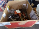 BOX LOT MOSTLY HAND TOOLS INCLUDING WRENCHES SCREW DRIVERS LEVELS AND MORE