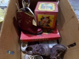 BOX LOT WITH CHILDS COWBOY BOOTS SHOES BOARD GAMES AND JACK IN THE BOX MATT