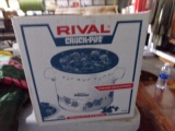 RIVAL CROCK POT AND BOX OF PRESSED GLASS GLASSES