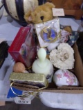 BOX LOT OF MISC ITEMS INCLUDING CHRISTMAS DECORATIONS TEDDY BEAR AND MORE